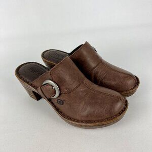 Born Gama Womens Brown Clogs Mules Leather Buckle Platform Comfort Shoes size 6